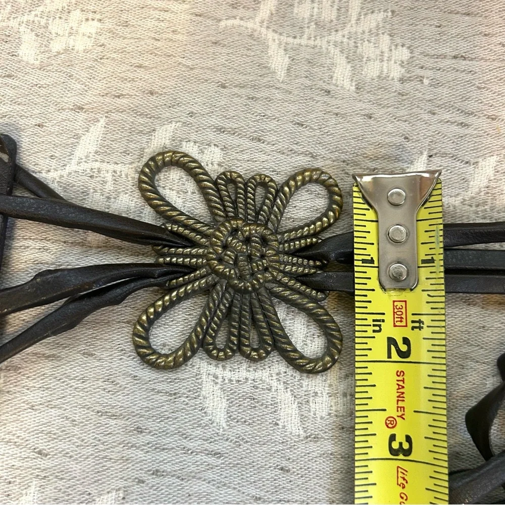 Leather Belt Tie Chord Antique Brass Finish Inlay Boho Chic Tribal Dark Brown